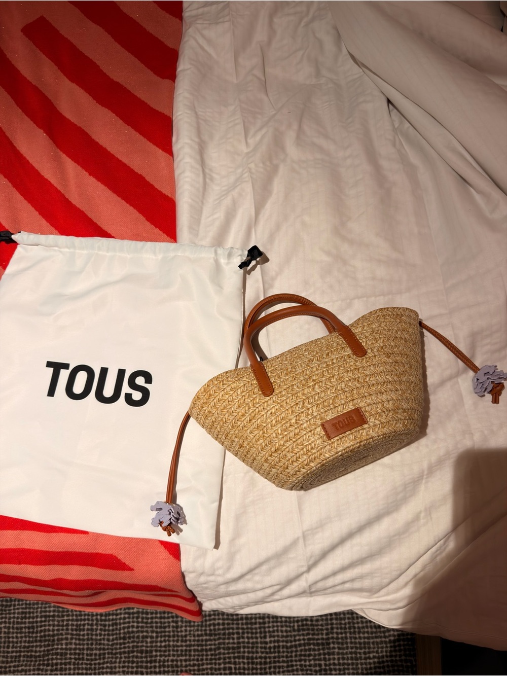 Tous Straw Tote with Tan Leather Handles and Cream Drawstring - Picture 7 of 7